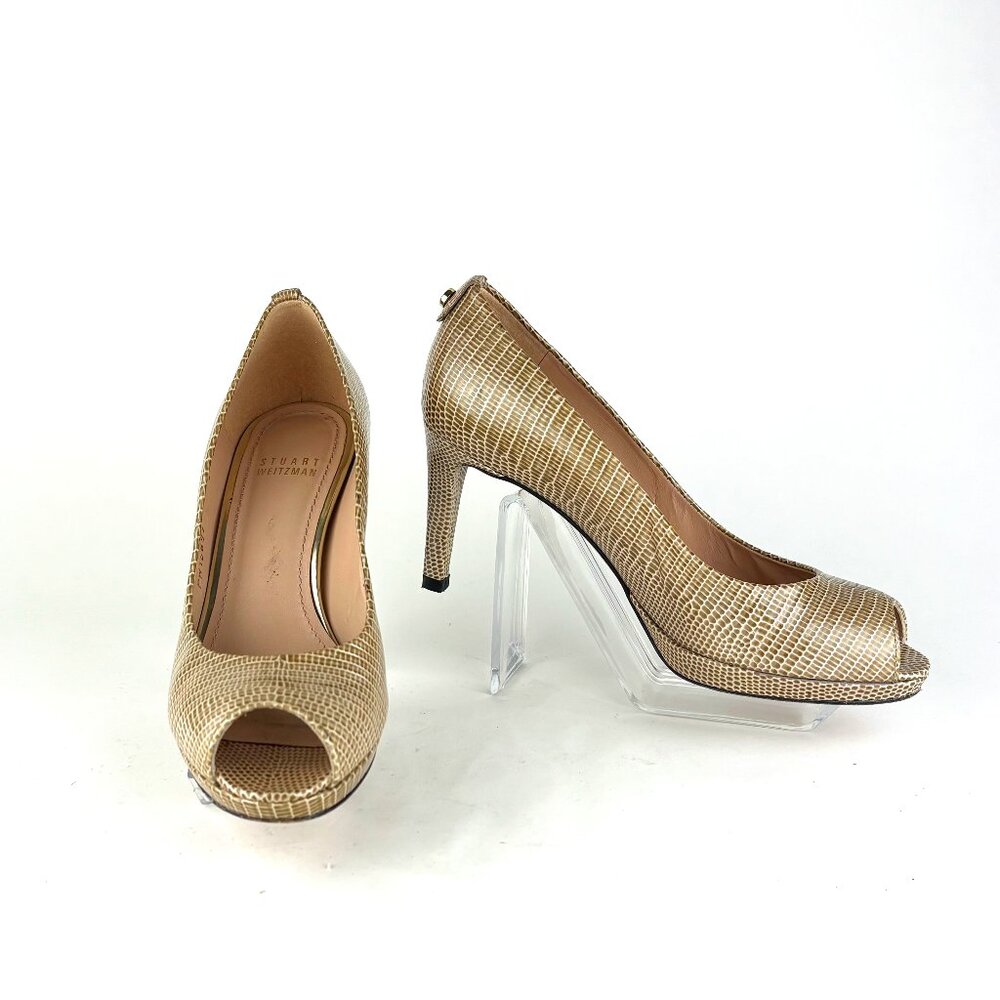 Stuart Weitzman Lizard-Embossed Leather Peep Toe Pumps – Made in Spain. 7M